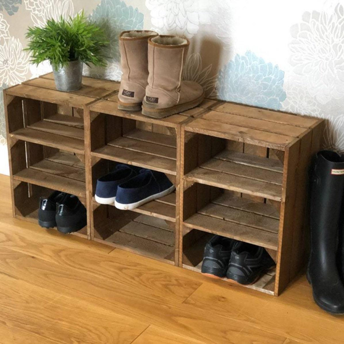 Three Crate Shoe Rack Bench Unit in Medium Brown - Great Crates
